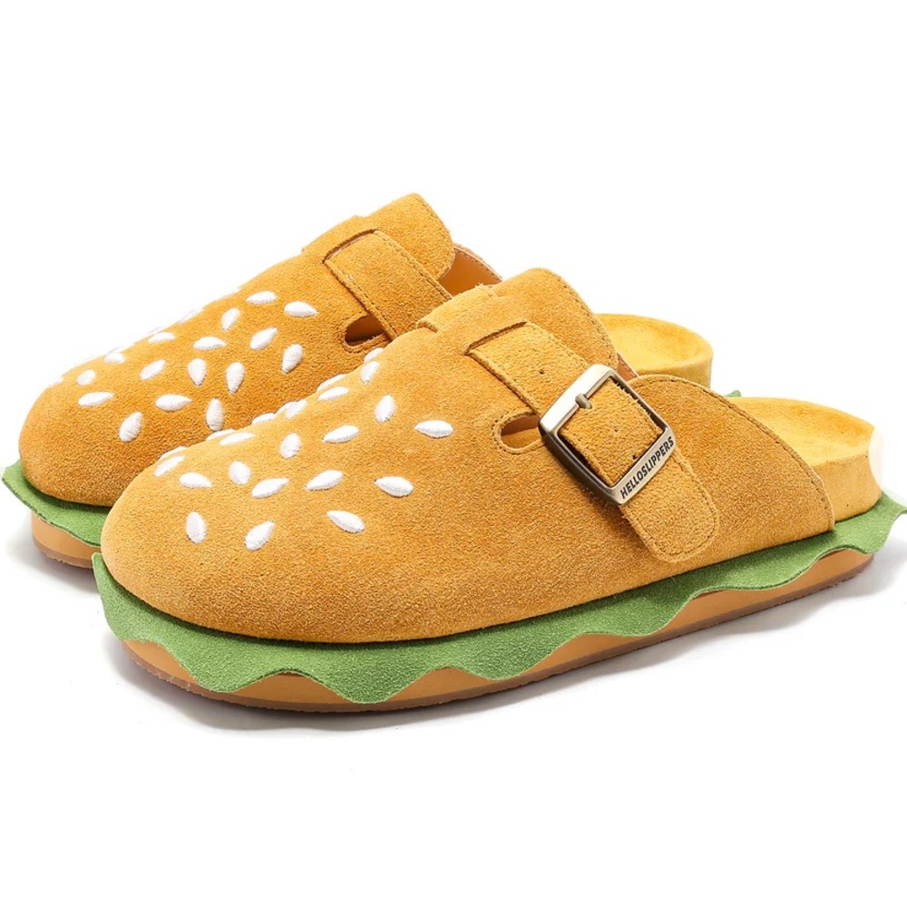 Hello Slippers/BBIMP "Burgerstocks" hamburger-style suede clogs, Size 6/6.5 New!